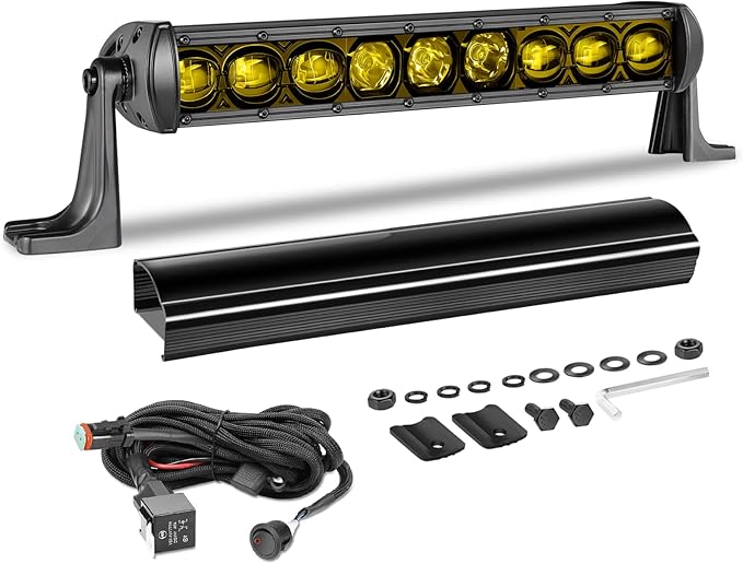 12 Inch Amber Light Bar Kit w/Wiring Harness Black Cover | 63W Powerful OSRAM LED Slim Single Row Light Bar Combo Yellow LED Bumper Lights for UTV ATV SUV Trucks Pickup Can-am Honda