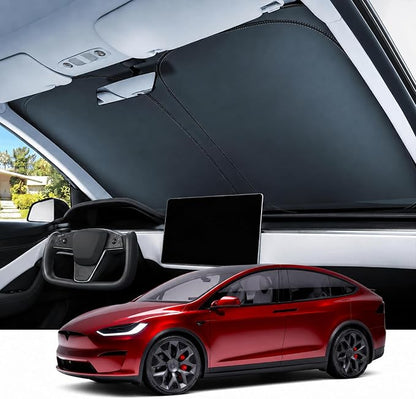 REEVAA Upgraded for Tesla Model X 2021-2026 Windshield Sunshade [Tailored Fit, 99% Sun Protection] Foldable Sun Shade Car Accessories with Storage Bag