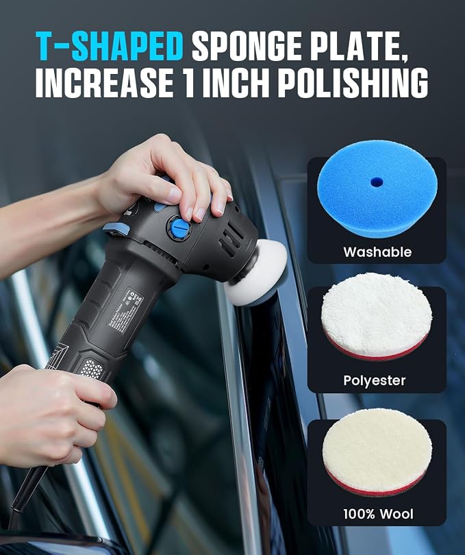 Mini Polisher, 2inch/ 3inch 750W Car Buffer with 12mm Random Orbital-Improve Work Efficiency by 35%, with 16pcs Trapezoidal Polisher Pads &16.4 ft Cord, for Car Detailing and Waxing