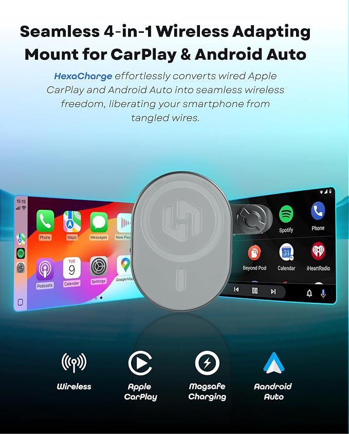 HexaCharge 4-in-1 Wireless Car Adapter – Works with Apple CarPlay and Android Auto, Magnetic Phone Mount with Wireless Charging, Converts Wired to Wireless for iPhone & Android