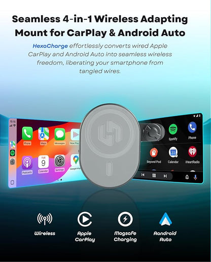 HexaCharge 4-in-1 Wireless Car Adapter – Works with Apple CarPlay and Android Auto, Magnetic Phone Mount with Wireless Charging, Converts Wired to Wireless for iPhone & Android