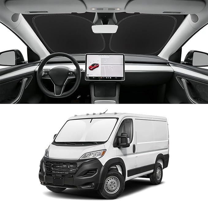 Custom Fit Windshield Sun Shade for 2014-2024 2025 2026 Dodge Ram ProMaster Accessories Full Size Cargo Van Chassis Cab Cutaway Front Window Sun Shade, Easy Fold & Store Keep Your Car Cooler