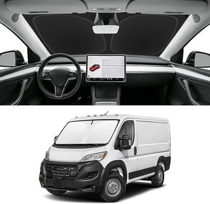 Custom Fit Windshield Sun Shade for 2014-2024 2025 2026 Dodge Ram ProMaster Accessories Full Size Cargo Van Chassis Cab Cutaway Front Window Sun Shade, Easy Fold & Store Keep Your Car Cooler