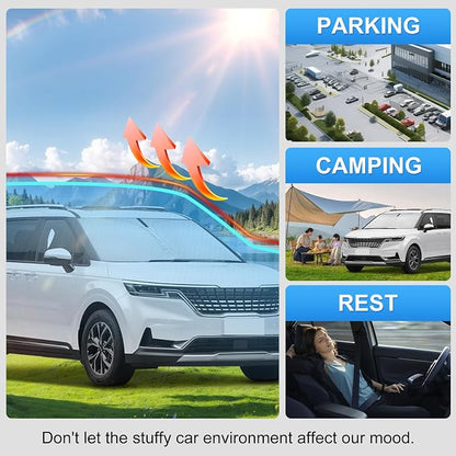 Custom Fit Windshield Sun Shade for Kia Carnival 2022-2026 | Custom Fit Windshield Cover, Blocks UV Rays, Double-Layer Heat Shield, Durable Frame, Easy Fold & Storage