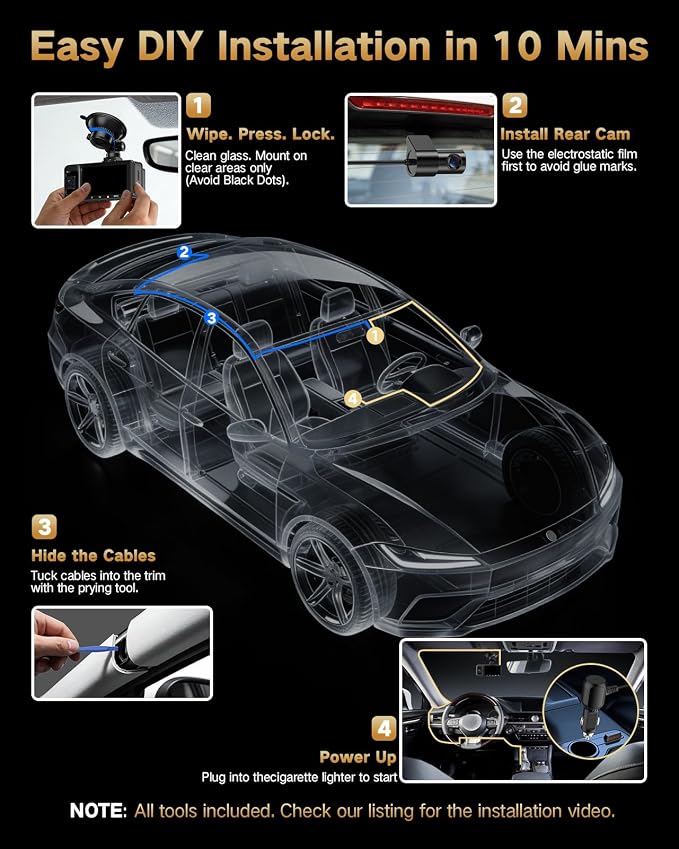 4K Dash Cam Front and Rear Inside, 3 Channel Dash Camera for Cars with 64GB SD Card, 5G WiFi Dash Cam, APP Control, Night Vision, 3" IPS Screen, G-Sensor, Loop Recording, K02 Pro