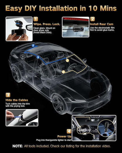 4K Dash Cam Front and Rear Inside, 3 Channel Dash Camera for Cars with 64GB SD Card, 5G WiFi Dash Cam, APP Control, Night Vision, 3" IPS Screen, G-Sensor, Loop Recording, K02 Pro