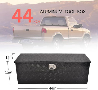 44 Inch Aluminum Truck Bed Tool Box, 5 Bar Tread Truck Tool Box with Lock&Keys, Heavy Duty Waterproof Flatbed tool box for Vans, Trailers, RVS，Trucks, Black(44"x15"x15")