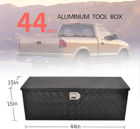 44 Inch Aluminum Truck Bed Tool Box, 5 Bar Tread Truck Tool Box with Lock&Keys, Heavy Duty Waterproof Flatbed tool box for Vans, Trailers, RVS，Trucks, Black(44"x15"x15")