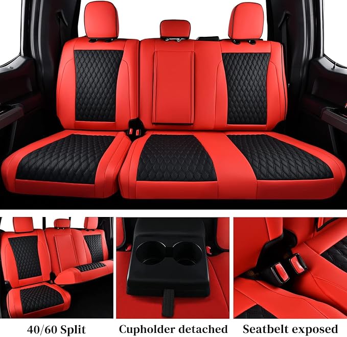 Coverado F250 Car Seat Covers Full Set, Leather Waterproof Automotive Seat Covers for Cars, SUVs, Pickup Trucks, Fits 2015-2026 F150 SuperCrew, 2017-2026 F250 F350 F450 Crew Cab, Red