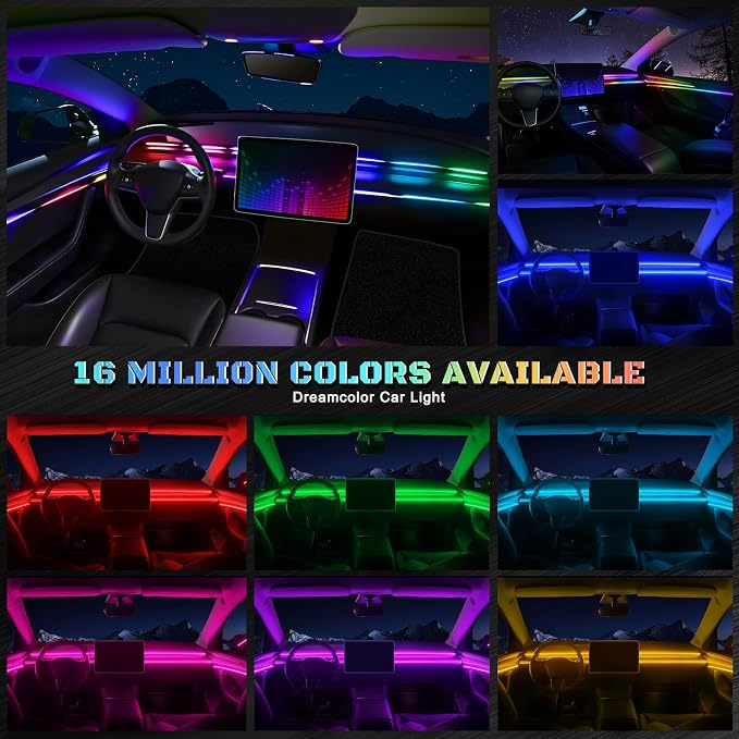 Dreamcolor Acrylic Interior Car LED Strip Light with Wireless APP, RGB 6 in 1 with 175 inches 612 LEDs Fiber Optic Car Symphony Ambient Lighting Kits, Sound Active Function LED Strip for Cars