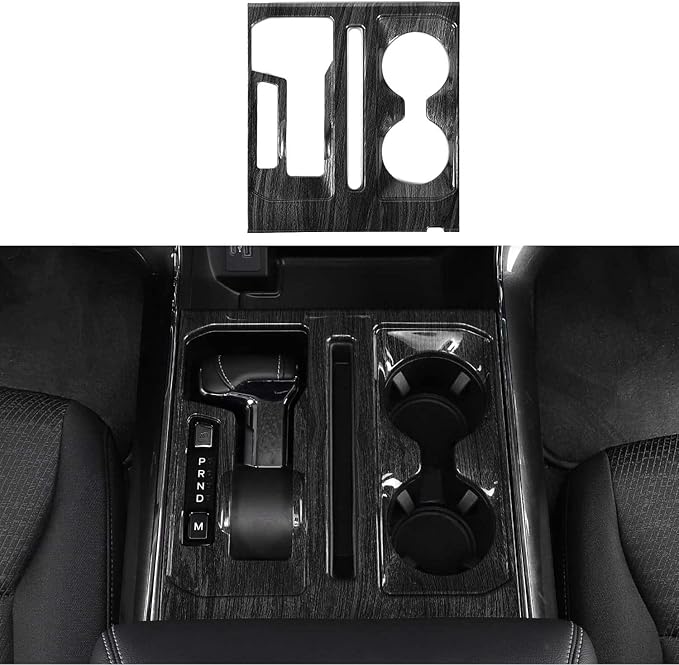 Jimen Compatible with Ford F150 2021-2025, Center Console Gear Shift Panel Trim Cover (Black Wood Grain)