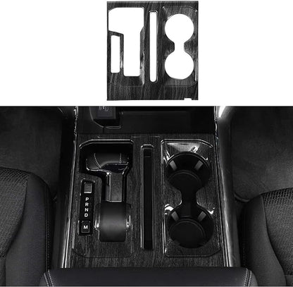 Jimen Compatible with Ford F150 2021-2025, Center Console Gear Shift Panel Trim Cover (Black Wood Grain)
