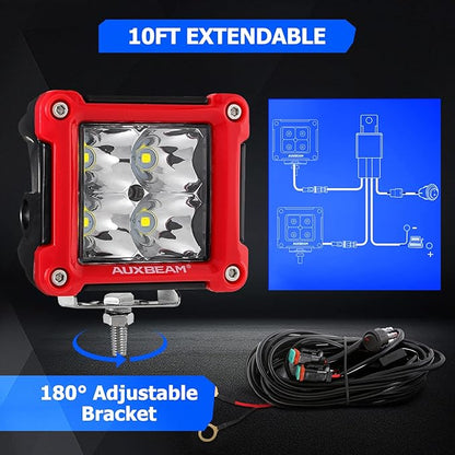 Auxbeam FA Series Red Housing LED Pods, 3-Inch 40W Spot Beam Aux Light Bar, Off-Road Spotlight Hood Hinge Lights, A-Pillar Ditch Lights Driving Offroad Lighting, 2-Pack