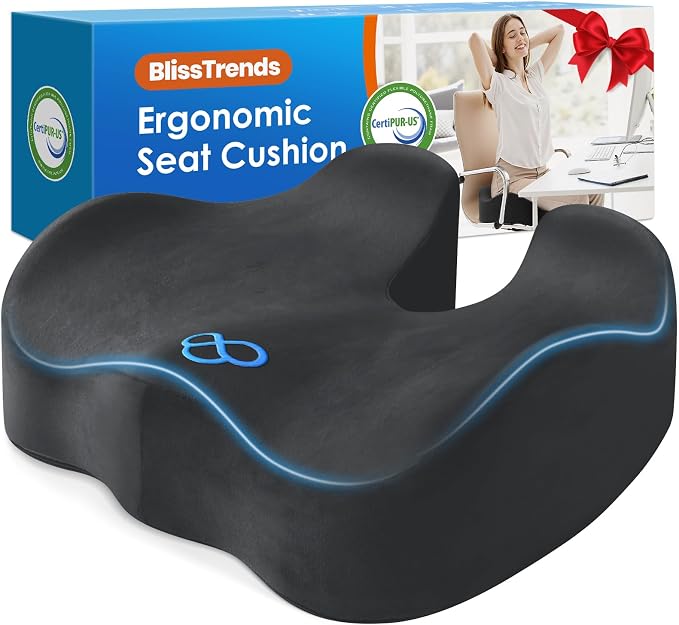 BlissTrends Seat Cushion,Thick Memory Foam Cushions for Office Chair, Car Seat, Airplane, Relieving Pressure Tailbone Sciatica Back Pain for Long Sitting Office Workers, Car Drivers 4.7in Thick Grey