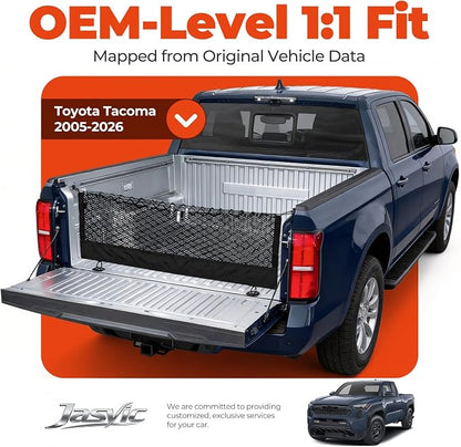3-Layer Cargo Net for Toyota Tacoma 2005-2026, Zoned Storage Truck Bed Net with Foldable Zippered Bottom Bag, Heavy-Duty Cargo Organizer Netting for Camping, Trips & Everyday Use