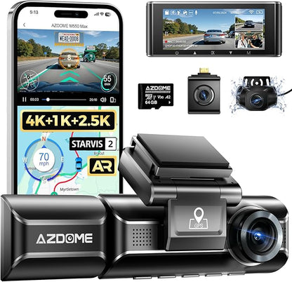 AZDOME M550 Max 4K 3 Channel Dash Cam, Dual STARVIS Sensors, 4K+2.5K+1080P Front and Rear Inside Triple Car Camera, Built-in WiFi GPS, 64GB Card Included, IR Night Vision, Ride Share Accessories