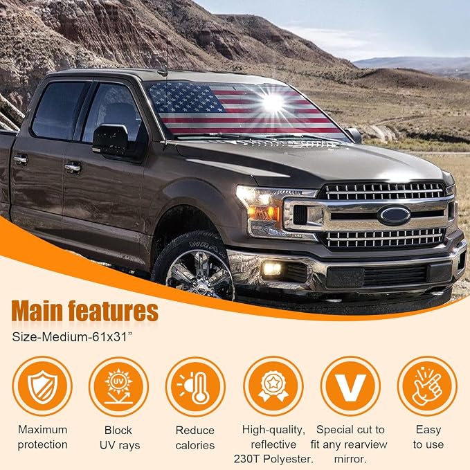 American Flag Car Windshield Sun Shade, Foldable Car Front Window Sunshade for Car SUV Truck, Auto Interior Sun Protection Cover, Blocks UV Rays & Keeps Your Vehicle Cool (USA Original Flag, Medium)