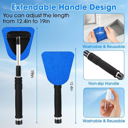 Windshield Cleaner Tool, Car Interior Cleaning Kit with Extendable Handle and 3 Reusable Microfiber Pads, Auto Glass Wiper and Detailing Brush Kit for Car & Home Window, Blue