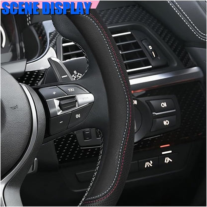 Craedli Nappa Leather Car Steering Wheel Cover, Breathable Non-Slip Automotive Steering Wheel Protector Universal Fit 14.5-15 Inch, Car Interior Decoration Accessories for Trucks, SUVs (Dual-Line)