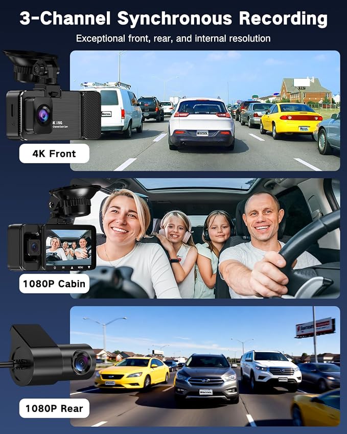 3 Channel 4K Dash Cam, Dash Cam Front and Rear Inside 170°/150°/150° Wide Angle View, Dash Camera for Cars with 64GB Card Included, Loop Recording, Night Vision, G-Sensor, 5GHz WiFi, 24Hr Parking