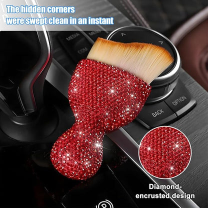 Bling Car Detailing Brush, Crystal Rhinestone Non-Scratch Vehicle Cleaning Dust Brush for Air Vent & Dashboard, Soft Bristles Automotive Interior Cleaning Tool, Universal Fit (Red)