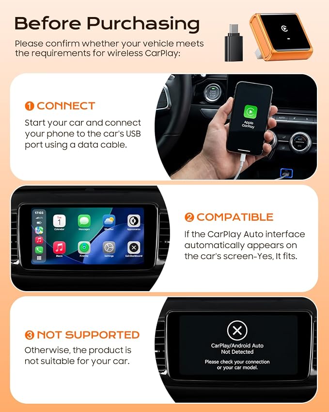 Wireless CarPlay Adapter for iPhone Only, with USB-C | Zero-Latency Auto-Connect GPS, Easy Wired-to-Wireless Conversion for Apple CarPlay, Works with Factory Wired CarPlay, Orange