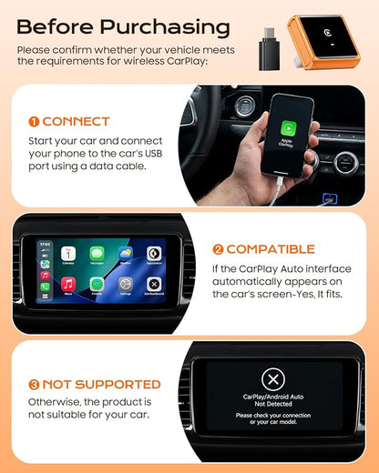 Wireless CarPlay Adapter for iPhone Only, with USB-C | Zero-Latency Auto-Connect GPS, Easy Wired-to-Wireless Conversion for Apple CarPlay, Works with Factory Wired CarPlay, Orange