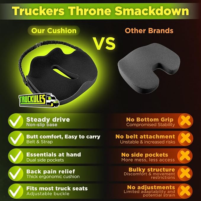 Medium Truck Seat Cushion for Truck Driver Seat Cushion - Upgraded Back Support, CertiPUR-US® Certified - Thick Memory Foam, Pain Relief for Hours of Driving, Trucker Approved Big Rig - Black
