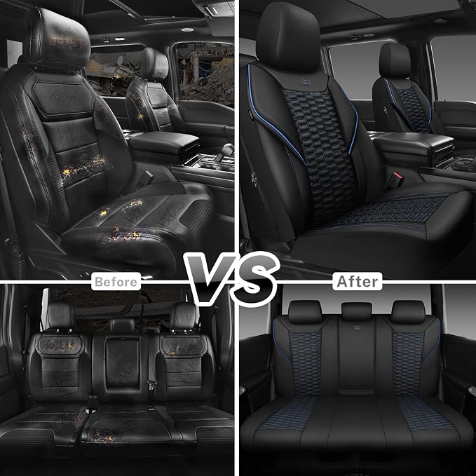 CAR PASS 3D Foam PU Leather Car Seat Covers Full Set,Luxury Breathable Faux Leather Seat Covers for Car,Anti Slip Universal Fit for SUVs Vans Sedan Truck Auto,Armrest Airbag Compatible,Black and Blue
