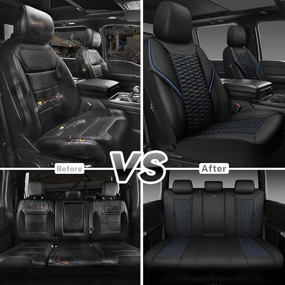 CAR PASS 3D Foam PU Leather Car Seat Covers Full Set,Luxury Breathable Faux Leather Seat Covers for Car,Anti Slip Universal Fit for SUVs Vans Sedan Truck Auto,Armrest Airbag Compatible,Black and Blue
