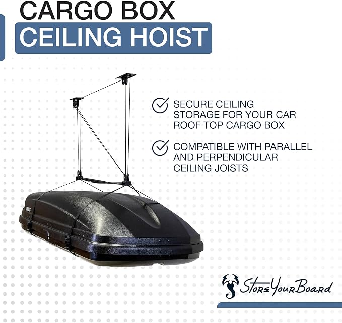 StoreYourBoard Cargo Box Pulley System – Heavy-Duty Garage Hoist Lift for Rooftop Carriers – Garage Storage & Garage Organization Ceiling Hoist with Pulley – Holds 150 lbs - Fits 8–10 ft Ceilings