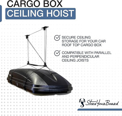 StoreYourBoard Cargo Box Pulley System – Heavy-Duty Garage Hoist Lift for Rooftop Carriers – Garage Storage & Garage Organization Ceiling Hoist with Pulley – Holds 150 lbs - Fits 8–10 ft Ceilings