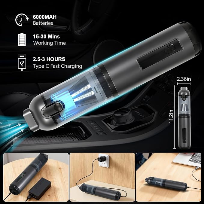 Car Vacuum Portable Cordless, 17000Pa 2 in 1 Vacuum Cleaner&Air Duster, 100W Brushless Motor Handheld Vacuum Cordless with 6000mAh Battery, Multi-Nozzles for Car, Home, Office, Pet