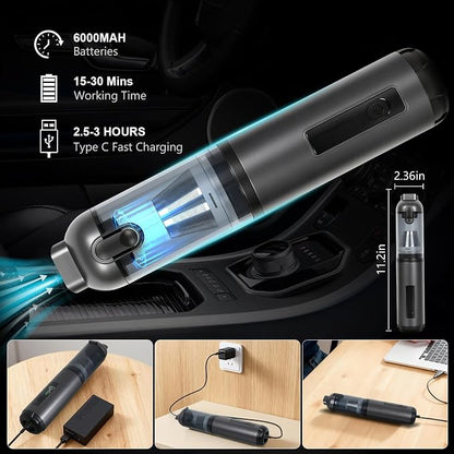 Car Vacuum Portable Cordless, 17000Pa 2 in 1 Vacuum Cleaner&Air Duster, 100W Brushless Motor Handheld Vacuum Cordless with 6000mAh Battery, Multi-Nozzles for Car, Home, Office, Pet