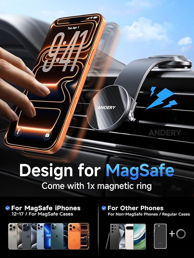 ANDERY Car Phone Holder for MagSafe [360° Adjustable Memory Alloy Arm | 2400gf Strongest Magnetic Power] Bendable Car Mount, Phone Holders for Your Car for iPhone 17-12 Pro Max Air Plus All Smartphone