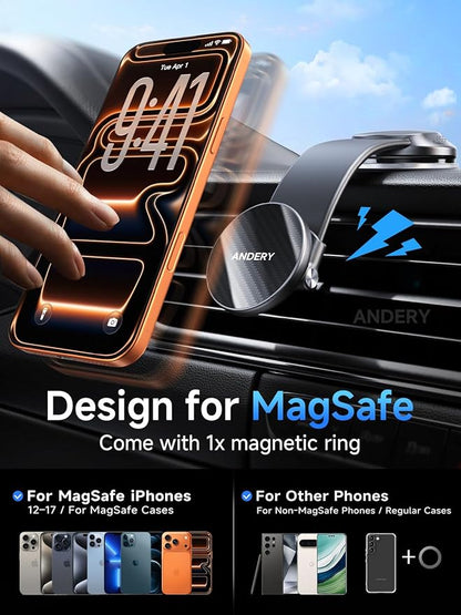 ANDERY Car Phone Holder for MagSafe [360° Adjustable Memory Alloy Arm | 2400gf Strongest Magnetic Power] Bendable Car Mount, Phone Holders for Your Car for iPhone 17-12 Pro Max Air Plus All Smartphone