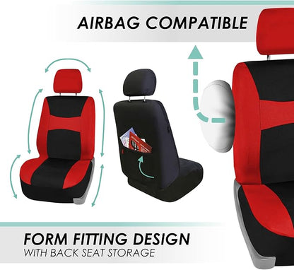 FH Group Car Seat Covers Combo Full Set with Carpet Floor mats Steering Wheel Cover and Seat Belt Pads- Universal Fit for Cars Trucks and SUVs Red