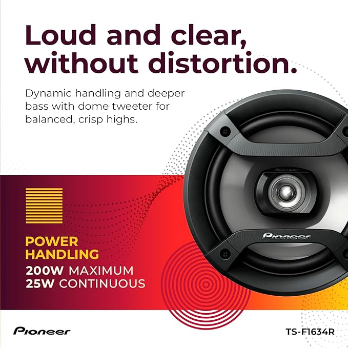 Pioneer F-Series TS-F1634R 6.5” 2-Way Speakers (Pair) – 200W Max, Balanced Sound + Smooth Treble, Great Stock Replacement, High-Efficiency Speaker Designed for OEM Power