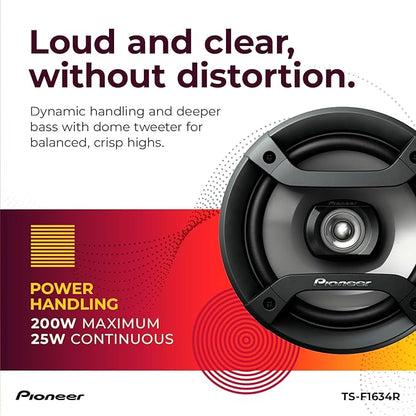Pioneer F-Series TS-F1634R 6.5” 2-Way Speakers (Pair) – 200W Max, Balanced Sound + Smooth Treble, Great Stock Replacement, High-Efficiency Speaker Designed for OEM Power