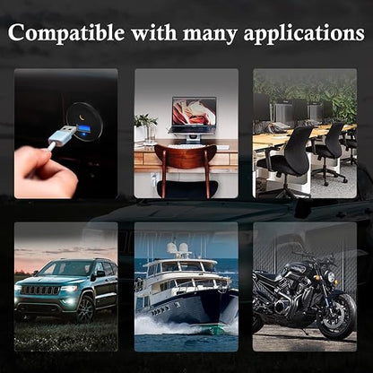 Alloy USB 3.0 AUX DC3.5mm Port Car Mount Flush Cable for Car Boat Motorcycle Dash Panel with LED Indicator - 3ft
