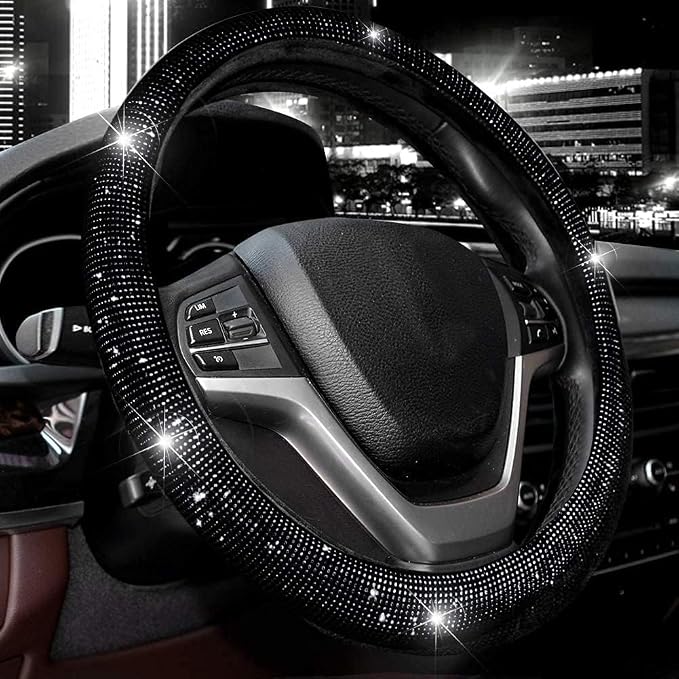Valleycomfy Steering Wheel Cover for Women 15 1/2 inches-16 inches Bling Bling Crystal Diamond Sparkling for F150 F250 F350 Ram 4Runner Tacoma Tundra Range Rover (Black with Black Diamond)