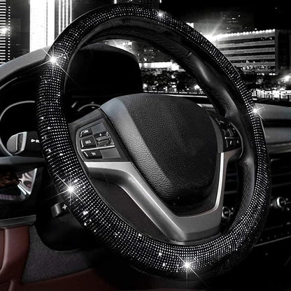 Valleycomfy Steering Wheel Cover for Women 15 1/2 inches-16 inches Bling Bling Crystal Diamond Sparkling for F150 F250 F350 Ram 4Runner Tacoma Tundra Range Rover (Black with Black Diamond)