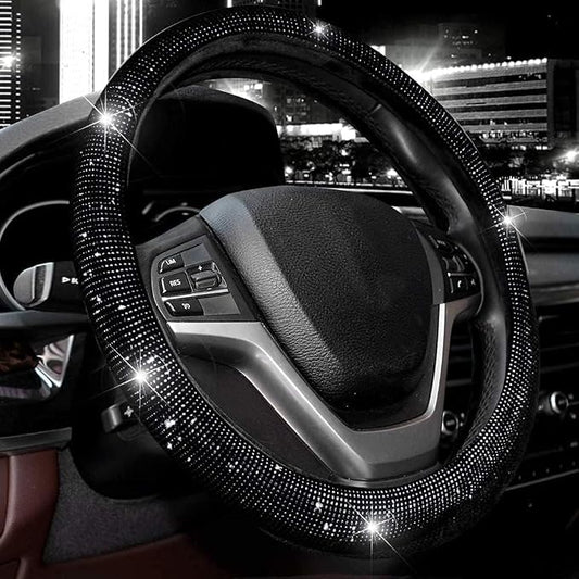 Valleycomfy Steering Wheel Cover for Women 15 1/2 inches-16 inches Bling Bling Crystal Diamond Sparkling for F150 F250 F350 Ram 4Runner Tacoma Tundra Range Rover (Black with Black Diamond)