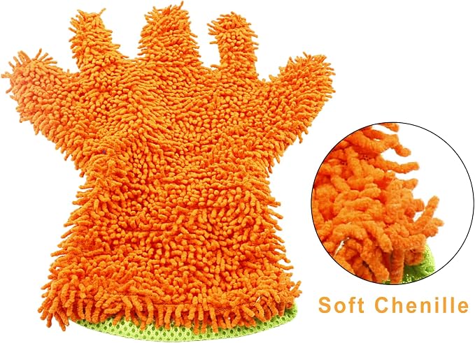 BokWin 2-Pack Car Wash Mitt Scratch Free, 5-Finger Microfiber Wash Mitts, Car Interior Exterior Cleaning Gloves, Auto Chenille Washing Sponge Kits for Cleaning Wheel Tight Spot(Orange)