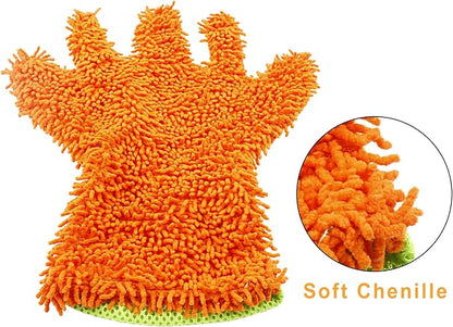 BokWin 2-Pack Car Wash Mitt Scratch Free, 5-Finger Microfiber Wash Mitts, Car Interior Exterior Cleaning Gloves, Auto Chenille Washing Sponge Kits for Cleaning Wheel Tight Spot(Orange)
