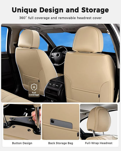Huidasource Beige Front Seat Cover Luxury Nappa Leather, Front Car Seat Cover with Airbag, Front Storage Pocket, Lumbar Support, Cooling＆Heating, Universal Fit for Most Cars SUV Trucks, Beige