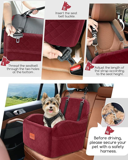 Lealchum Dog Car Seat for Small/Medium Dogs,6in Elevated Cushion,Fits in Front/Back Seat,Fully Detachable and Washable,2 Storage Pockets,Easy to Install (Red, Medium)