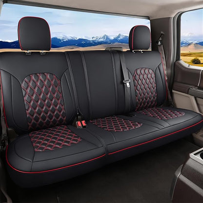 Huidasource F150 Rear Seat Covers, Split Back Leather Seat Cushion Cover Fit for 2015-2025 Ford F150 SuperCrew & 2017-2025 F250 F350 F450 Super Duty Crew Cab Pickup Truck (Back Row/Black&Red)