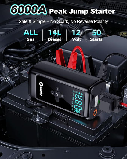 Jump Starter with Air Compressor Battery Jumper Starter Portable 6000A Car Battery Jump Starter with 160PSI Portable Tire Inflator, LED Light, Case (All Gas/14L Diesel)