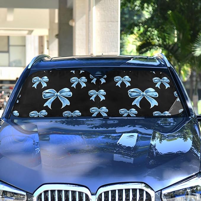 Windshield Sun Shade Blue Bows Front Window Block UV Shades Visor Reflective Retractable for Car SUV Trucks